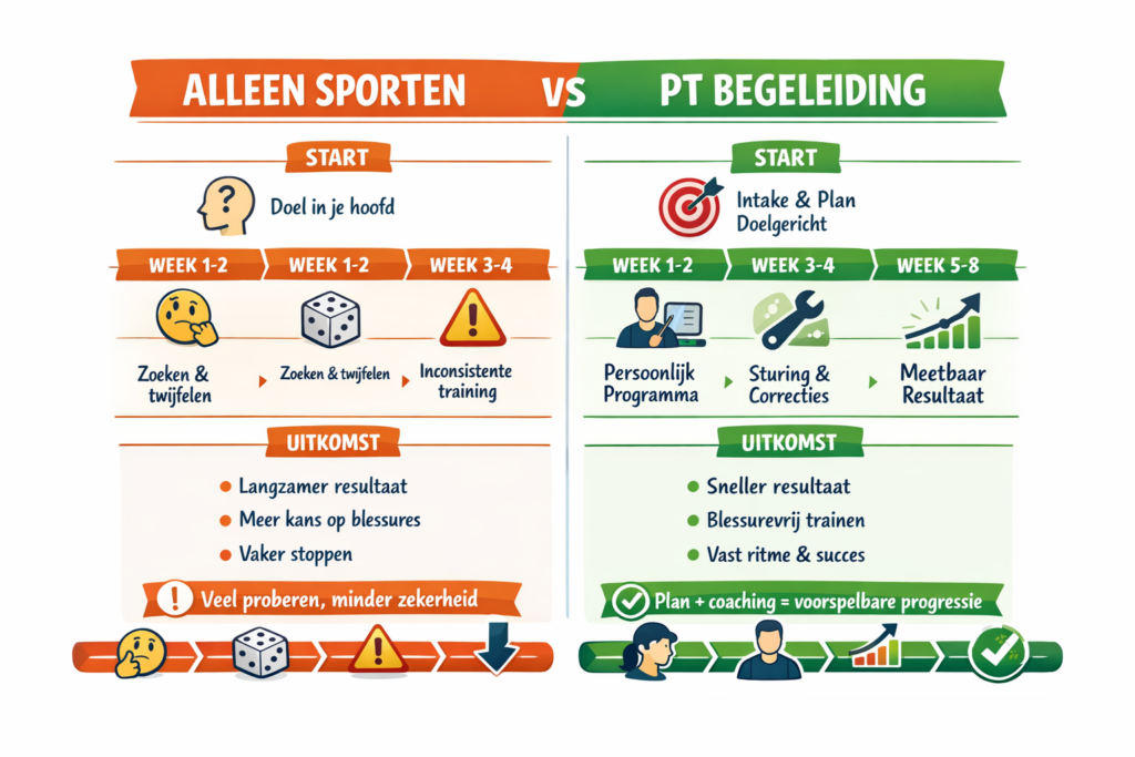 PT begeleiding vs alleen sporten